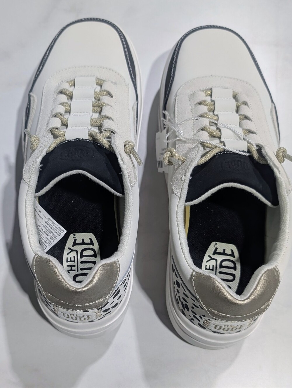 Hey Dude Women's White Sneakers with Metallic Silver Accents